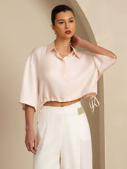 Clearance - Pure Silk Women's Half Sleeve Cropped Blouse With Drawstring Hem