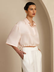 Clearance - Pure Silk Women's Half Sleeve Cropped Blouse With Drawstring Hem