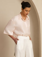 Clearance - Pure Silk Women's Half Sleeve Cropped Blouse With Drawstring Hem
