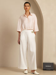 Clearance - Pure Silk Women's Half Sleeve Cropped Blouse With Drawstring Hem