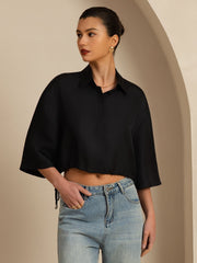 Clearance - Pure Silk Women's Half Sleeve Cropped Blouse With Drawstring Hem