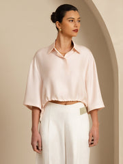 Clearance - Pure Silk Women's Half Sleeve Cropped Blouse With Drawstring Hem