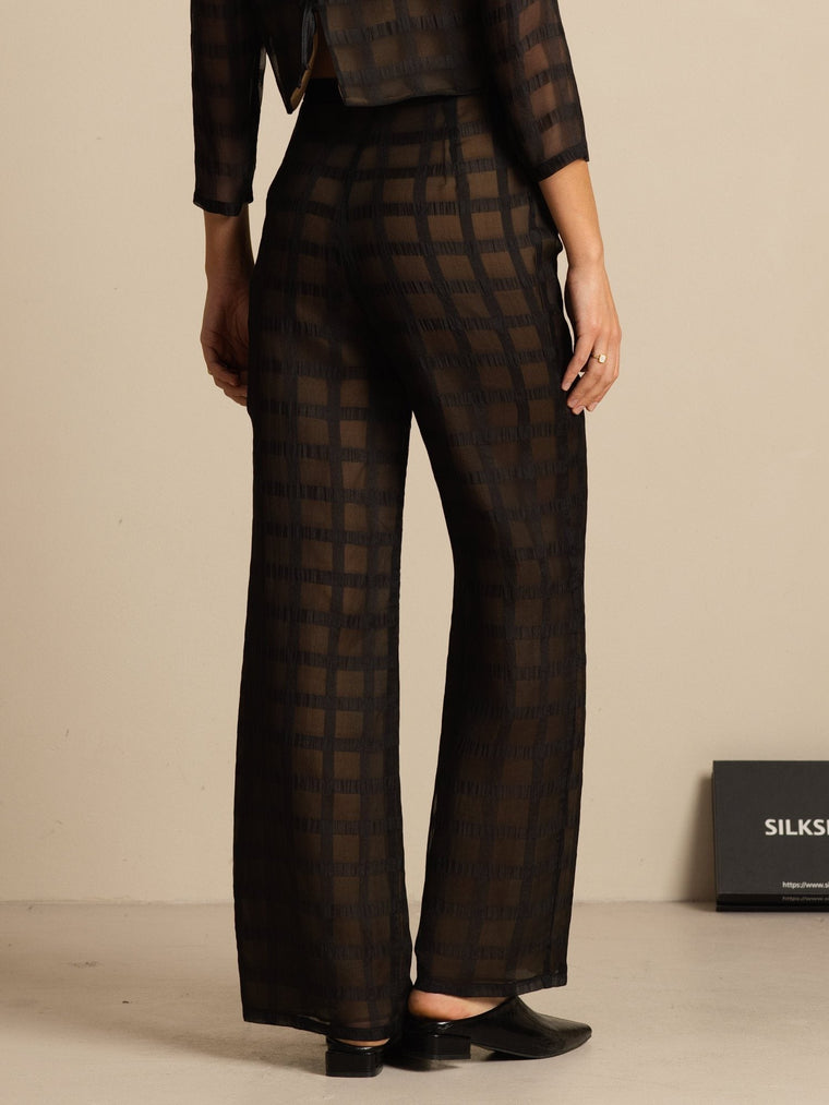 Clearance - Pure Silk Women's High-Waist Textured Grid Wide-Leg Pants With Pockets