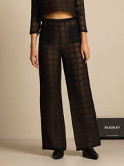 Clearance - Pure Silk Women's High-Waist Textured Grid Wide-Leg Pants With Pockets