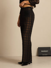 Clearance - Pure Silk Women's High-Waist Textured Grid Wide-Leg Pants With Pockets