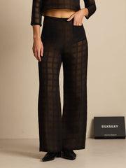 Clearance - Pure Silk Women's High-Waist Textured Grid Wide-Leg Pants With Pockets