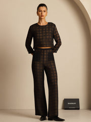 Clearance - Pure Silk Women's High-Waist Textured Grid Wide-Leg Pants With Pockets