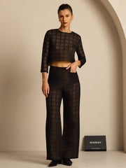 Clearance - Pure Silk Women's High-Waist Textured Grid Wide-Leg Pants With Pockets
