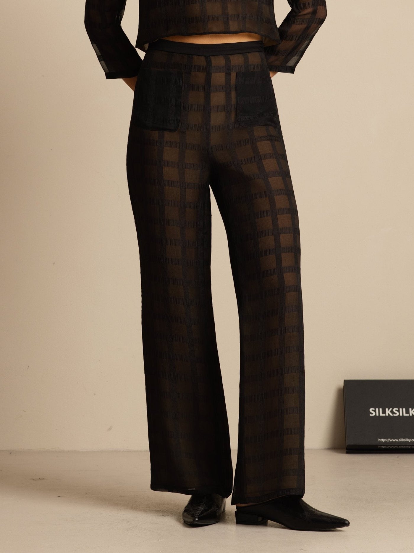Clearance - Pure Silk Women's High-Waist Textured Grid Wide-Leg Pants With Pockets