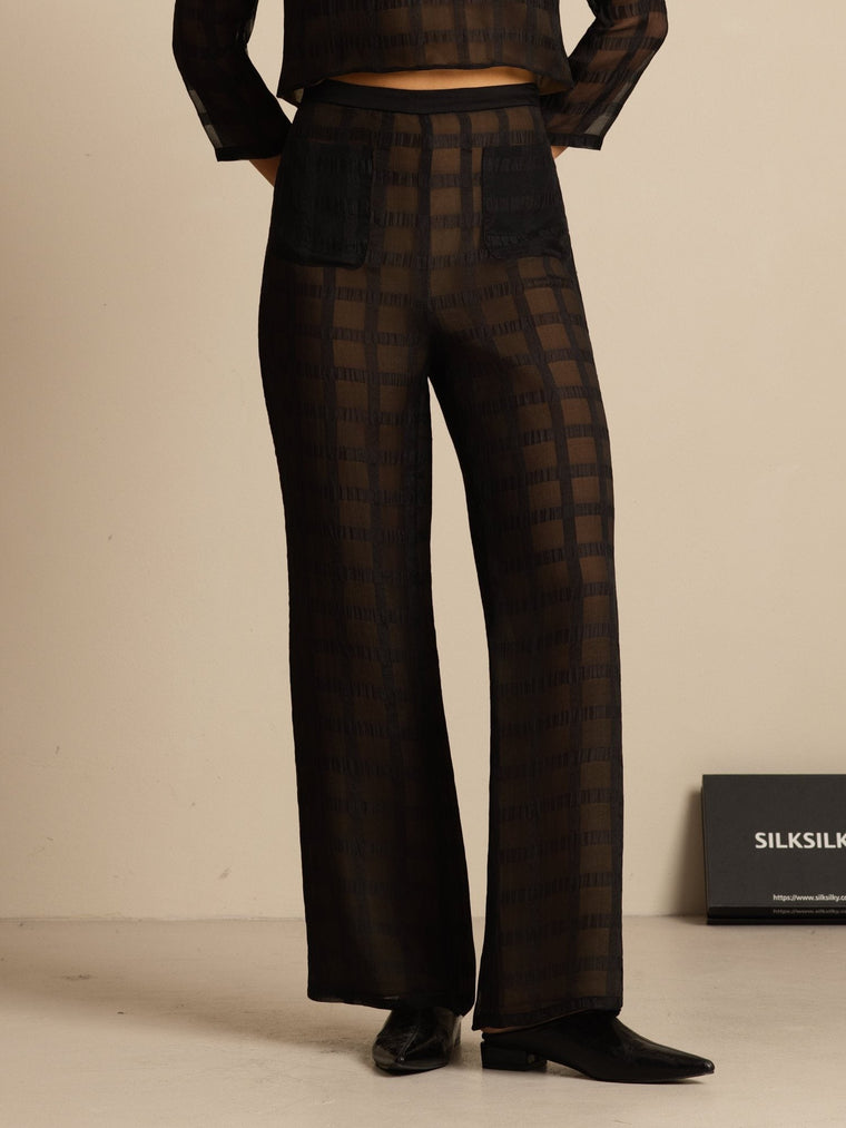 Clearance - Pure Silk Women's High-Waist Textured Grid Wide-Leg Pants With Pockets