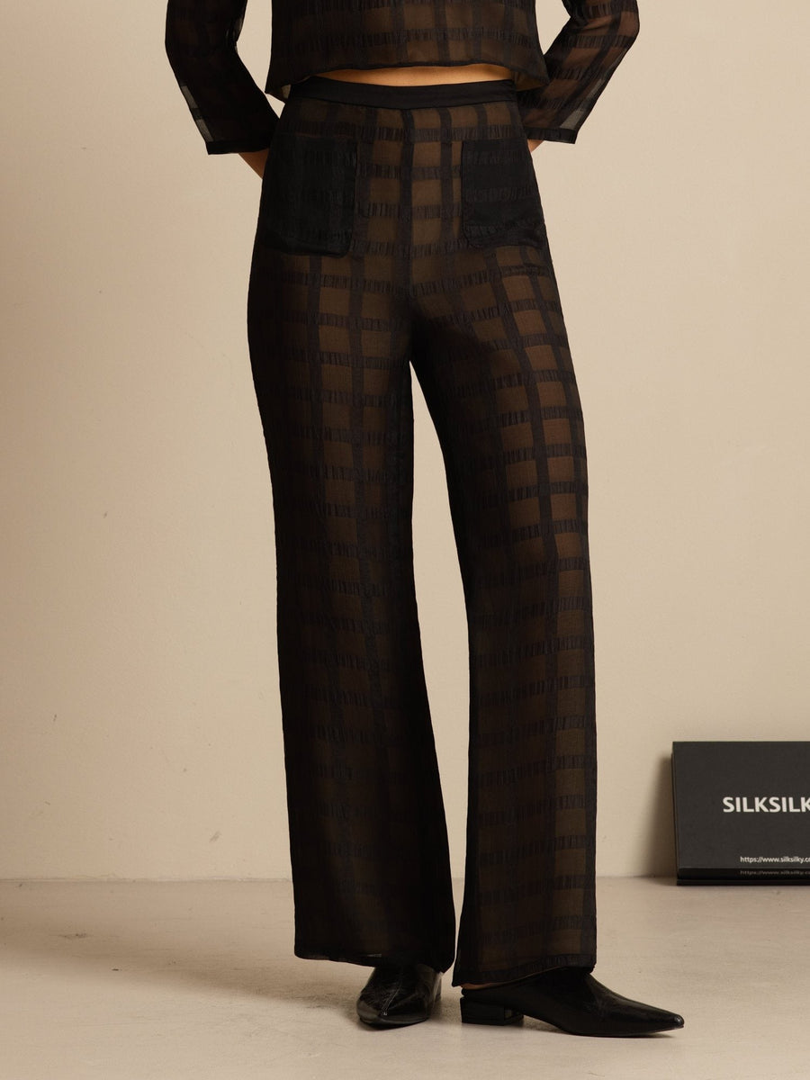 Clearance - Pure Silk Women's High-Waist Textured Grid Wide-Leg Pants With Pockets