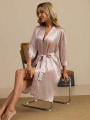 Clearance - Pure Silk Women’s Knee Length Kimono Heart Geo Printed Robe With Belted Design