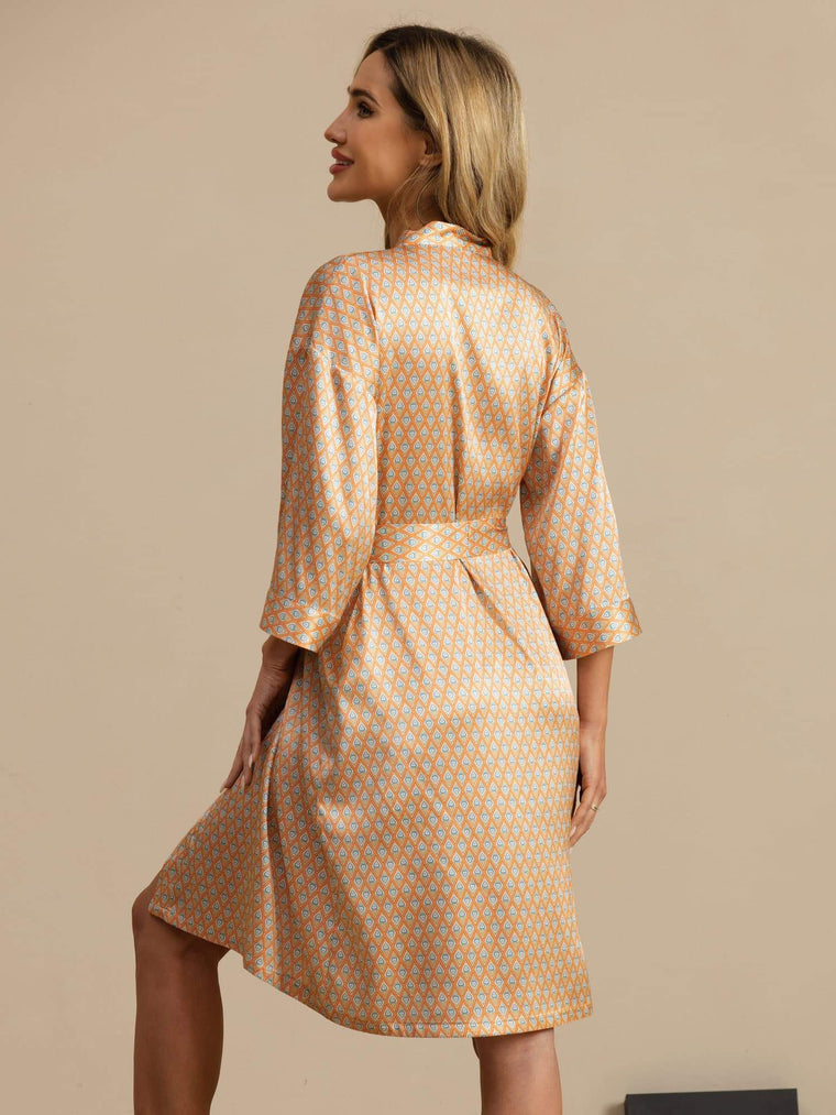 Clearance - Pure Silk Women’s Knee Length Kimono Heart Geo Printed Robe With Belted Design