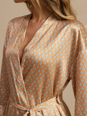 Clearance - Pure Silk Women’s Knee Length Kimono Heart Geo Printed Robe With Belted Design