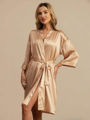 Clearance - Pure Silk Women’s Knee Length Kimono Heart Geo Printed Robe With Belted Design