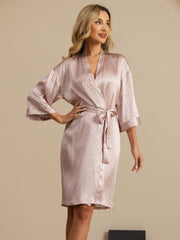 Clearance - Pure Silk Women’s Knee Length Kimono Heart Geo Printed Robe With Belted Design