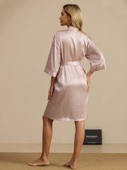 Clearance - Pure Silk Women’s Knee Length Kimono Heart Geo Printed Robe With Belted Design