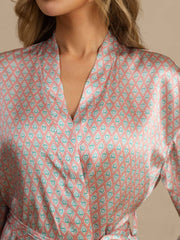 Clearance - Pure Silk Women’s Knee Length Kimono Heart Geo Printed Robe With Belted Design