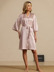 Clearance - Pure Silk Women’s Knee Length Kimono Heart Geo Printed Robe With Belted Design