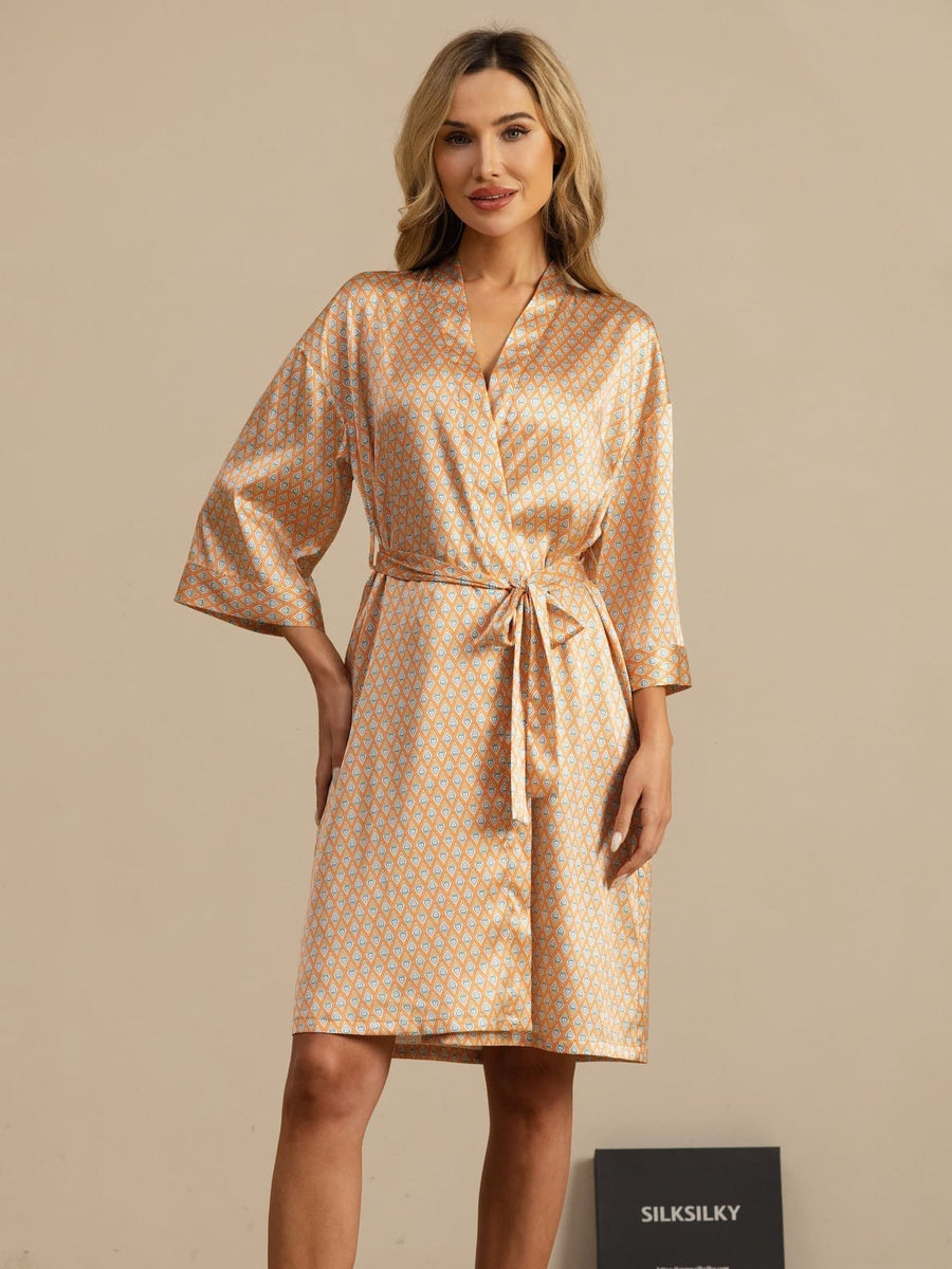 Clearance - Pure Silk Women’s Knee Length Kimono Heart Geo Printed Robe With Belted Design