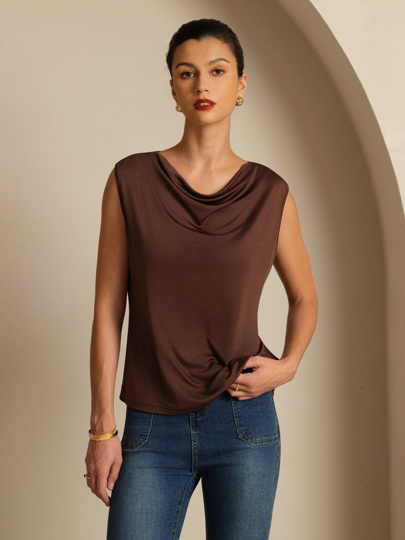 Clearance - Pure Silk  Women's Sleeveless Cowl Neck Basic Casual Top
