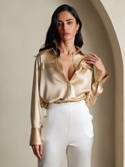 Clearance - Women's 19Momme Silk Long Sleeve Lapel Collar Military Shirt
