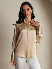 Clearance - Women's 19Momme Silk Long Sleeve Lapel Collar Military Shirt