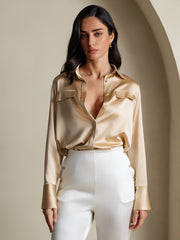 Clearance - Women's 19Momme Silk Long Sleeve Lapel Collar Military Shirt