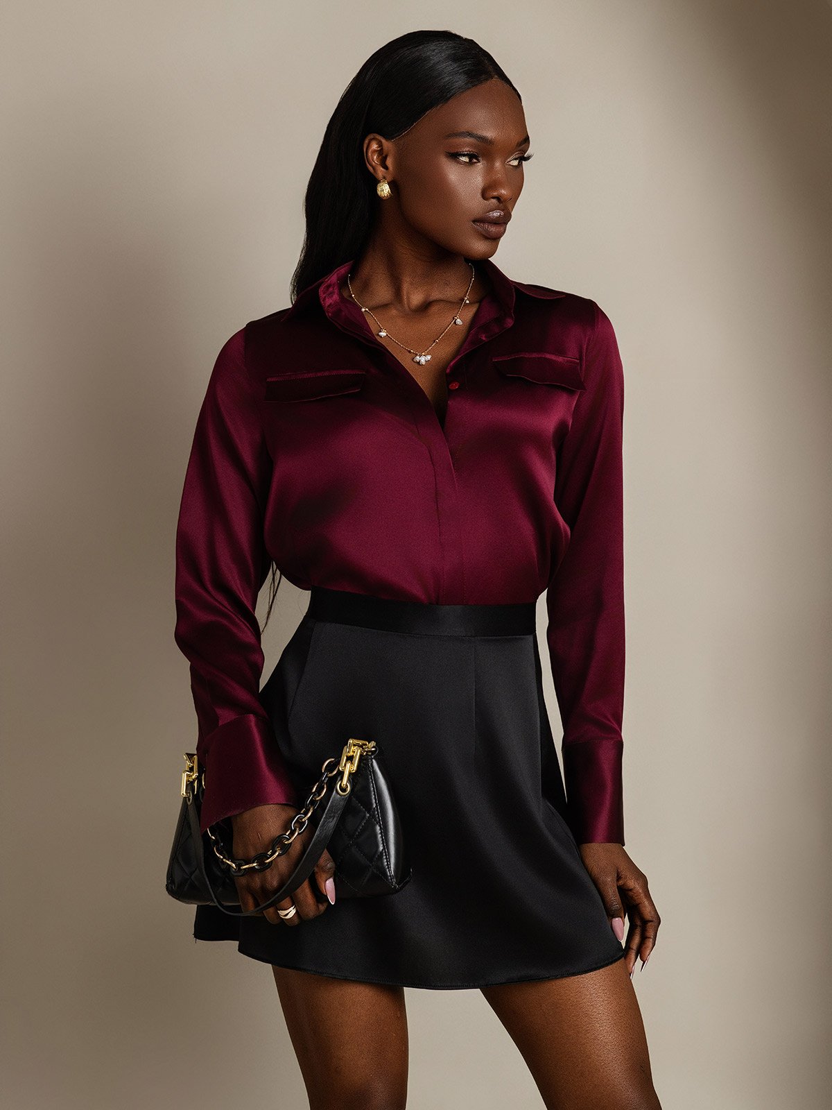 Clearance - Women's 19Momme Silk Long Sleeve Lapel Collar Military Shirt