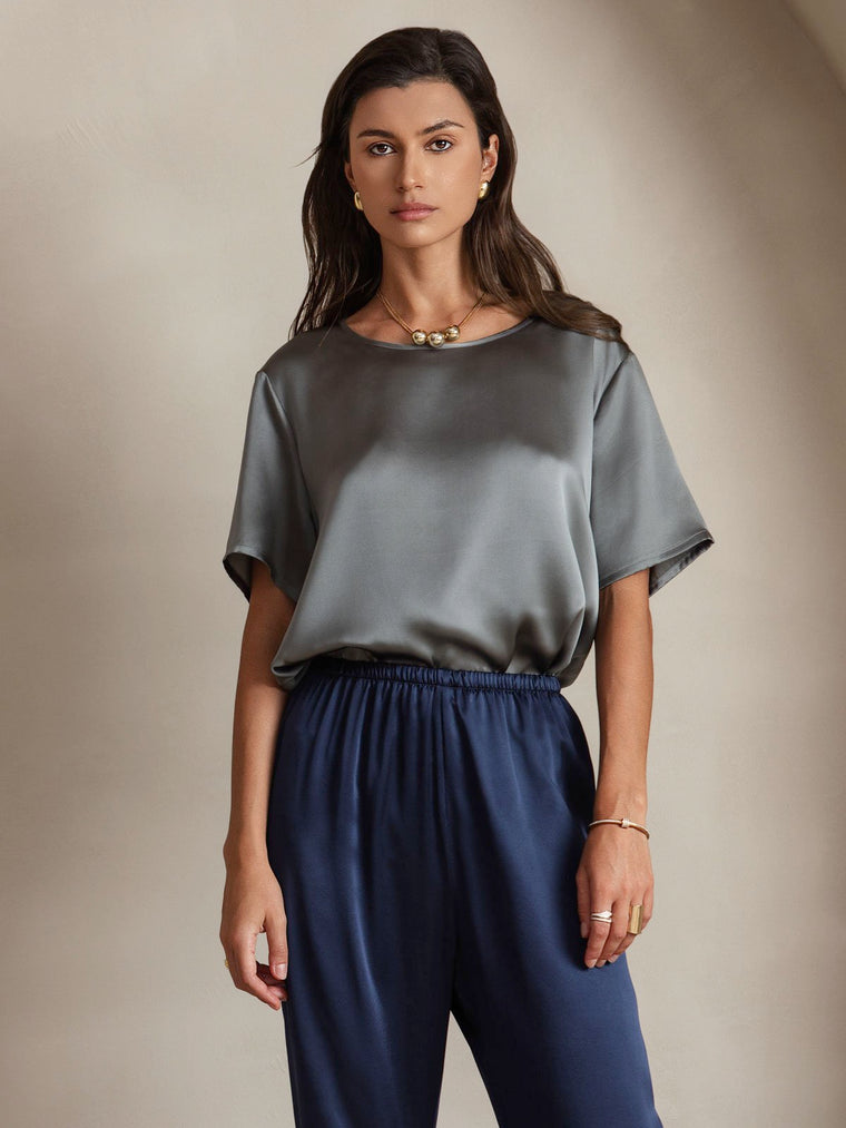 Clearance - Women's Pure Silk Short Sleeve Round Neck T-Shirt