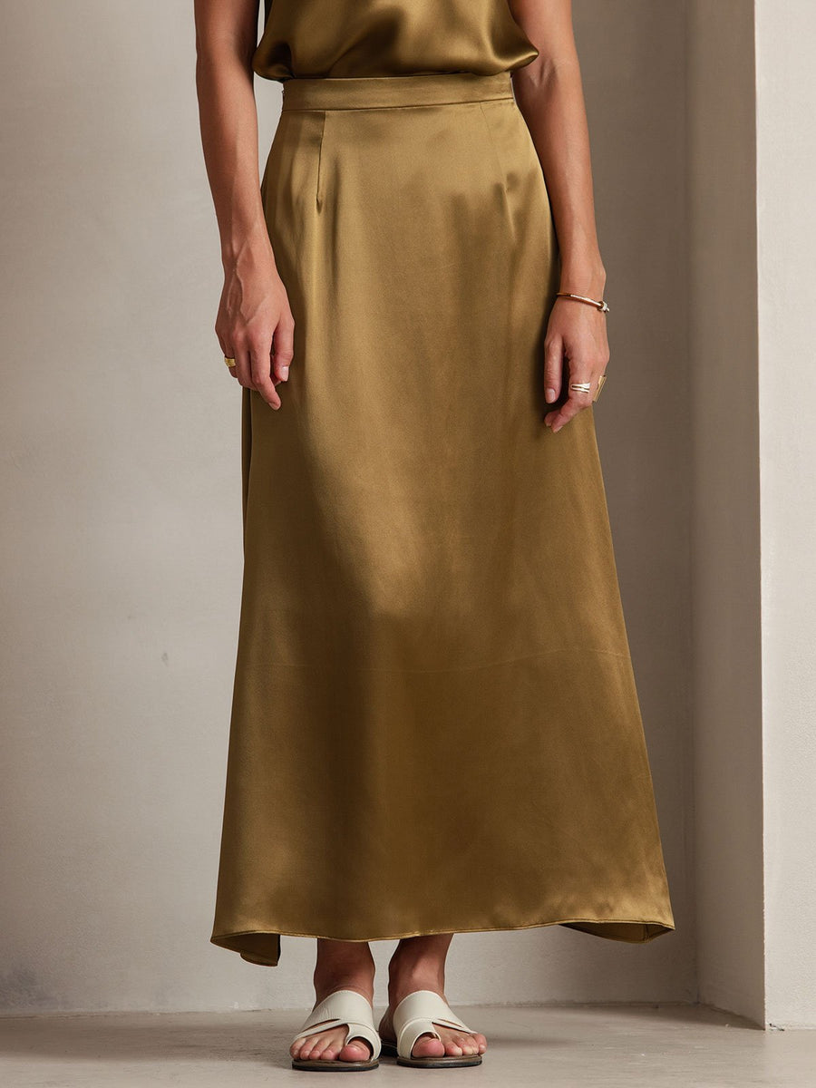 Clearance(US Warehouse) - 19Momme Silk A Line Maxi Skirt with Zipper Design