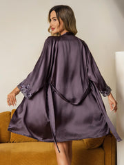 Elegant 100% Mulberry Silk Lace Trimmed Robe and Camisole Set 3Pcs