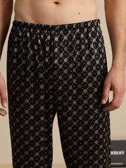 Men's Pure Silk Navy Chain Print Sleep Pants with Elastic Waist