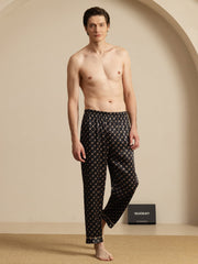 Men's Pure Silk Navy Chain Print Sleep Pants with Elastic Waist