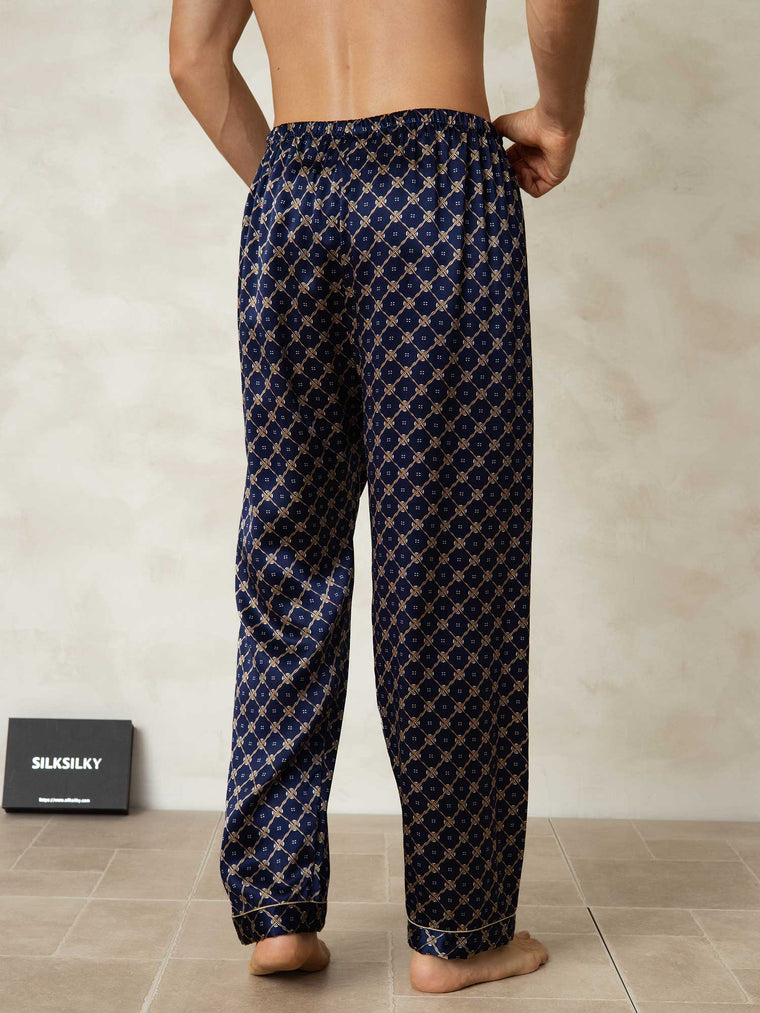 Men's Pure Silk Navy Chain Print Sleep Pants with Elastic Waist