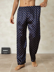 Men's Pure Silk Navy Chain Print Sleep Pants with Elastic Waist