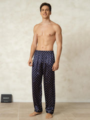 Men's Pure Silk Navy Chain Print Sleep Pants with Elastic Waist