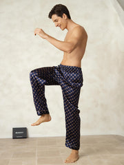 Men's Pure Silk Navy Chain Print Sleep Pants with Elastic Waist
