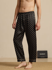 Men's Pure Silk Navy Chain Print Sleep Pants with Elastic Waist