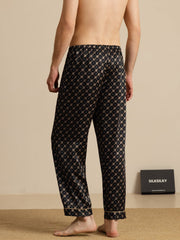 Men's Pure Silk Navy Chain Print Sleep Pants with Elastic Waist