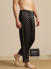 Men's Pure Silk Navy Chain Print Sleep Pants with Elastic Waist