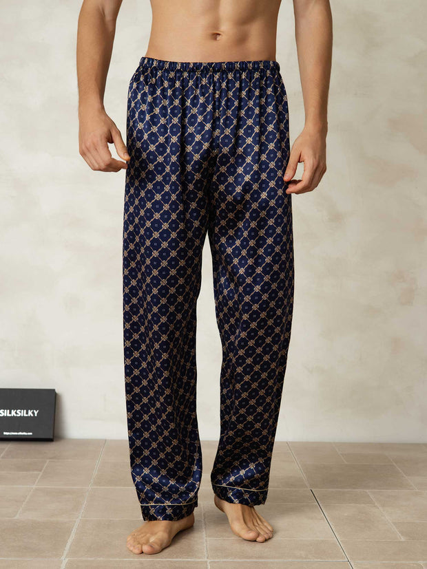 Men's Pure Silk Navy Chain Print Sleep Pants with Elastic Waist