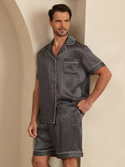 Men's Pure Silk Navy Ginkgo Print Short Sleeve Notch Collar Pajamas Set