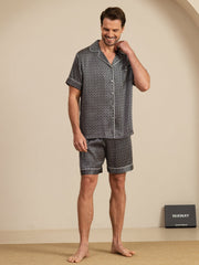 Men's Pure Silk Navy Ginkgo Print Short Sleeve Notch Collar Pajamas Set