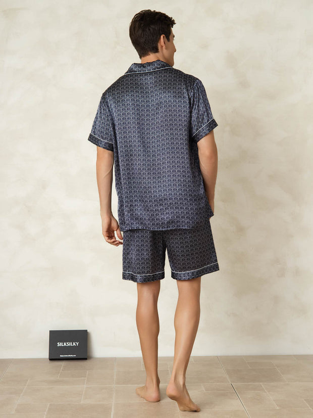 Men's Pure Silk Navy Ginkgo Print Short Sleeve Notch Collar Pajamas Set