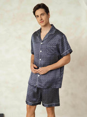 Men's Pure Silk Navy Ginkgo Print Short Sleeve Notch Collar Pajamas Set