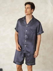 Men's Pure Silk Navy Ginkgo Print Short Sleeve Notch Collar Pajamas Set