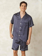 Men's Pure Silk Navy Ginkgo Print Short Sleeve Notch Collar Pajamas Set