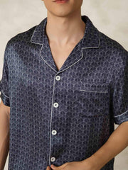 Men's Pure Silk Navy Ginkgo Print Short Sleeve Notch Collar Pajamas Set
