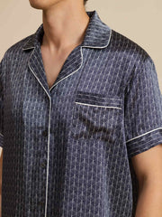 Men's Pure Silk Navy Ginkgo Print Short Sleeve Notch Collar Pajamas Set